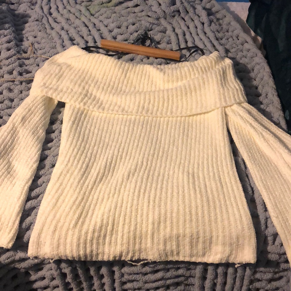 Bell sleeve off the shoulder plush sweater.